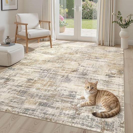 Area Rug for Living Room: 6x9 Washable Neutral Abstract Modern Soft Rugs Non Slip Indoor Floor Stain Resistant Large Carpet for Bedroom Dining Room Office Nursery - Golden Brown