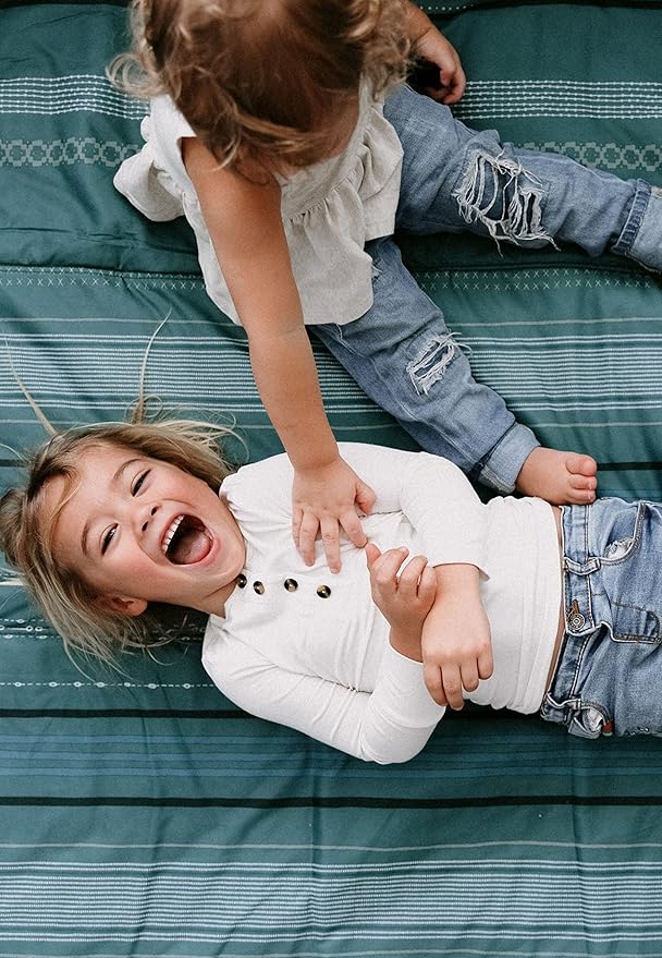 Little Unicorn 5'x10' XL Outdoor Family Picnic & Beach Blanket | Durable & Water-Resistant Fabric | Compact Fold & Easily Wipes Clean | Zipper Pocket (Shoreline Stripe)