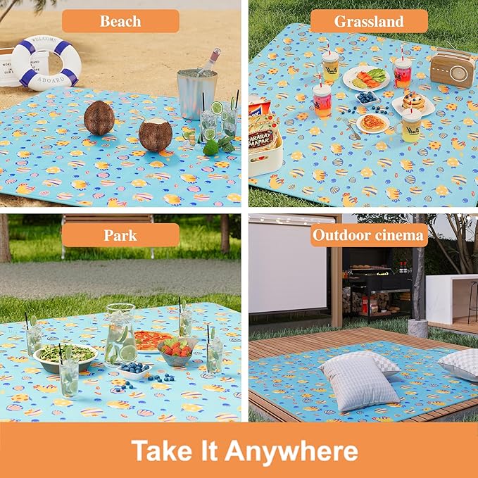 UDEAR Foldable Picnic Blanket,80"x80" Waterproof, Sandproof, Portable with Tote Bag for Beach, Park, Camping, and Travel,Blue