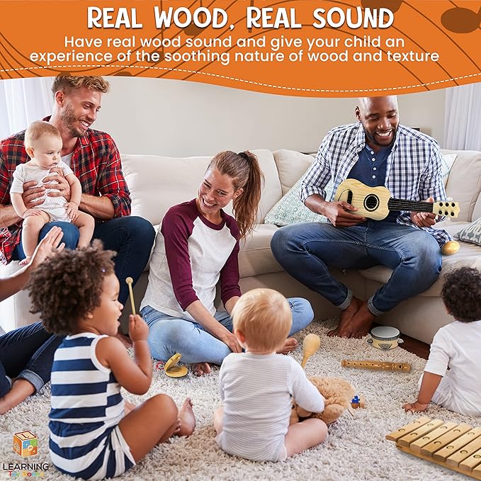 Natural Wood Musical Toys for Toddlers 1-3, Kids Musical Instruments set of 7 items Kids Guitar Egg shakers Flute Instruments Maracas Baby Xylophone Tambourine Castanets, Toddler learning Toys Experts