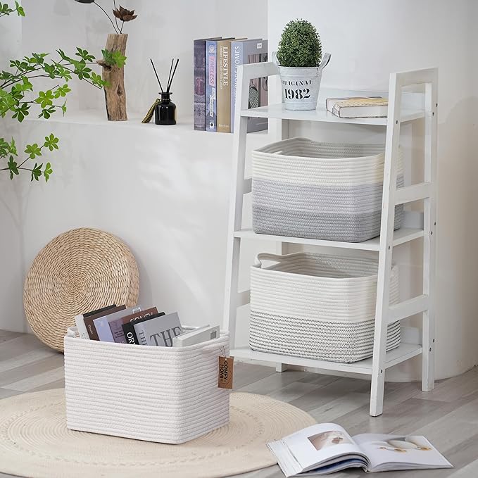 COMFY-HOMI 3PACK Cotton Rope Square Basket with Handles for Shelves|Dog Toy Basket Bin and Storage|Baby Basket for Gif|Shoe basket for Organizing|New13.5" x 11" x 9.5" for Living Room（All White）