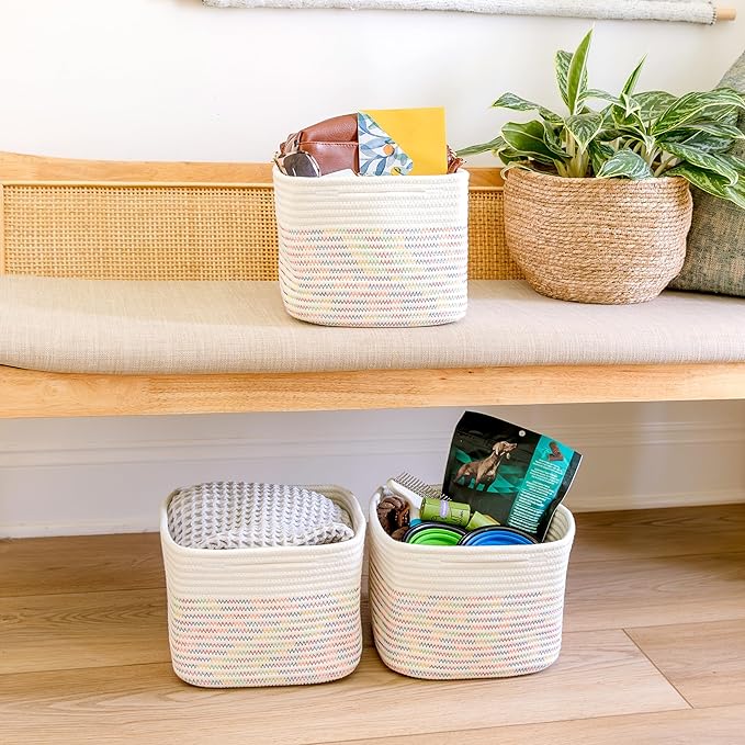 NaturalCozy Storage Cubes 9”x9”x7”Cotton Rope Woven Baskets for Organizing 3-Pack | 9 Inch Cube Storage Bin | Small Basket for Shelf Nursery, Pantry, Decorative Plant, Bathroom Closet, Toy Gift