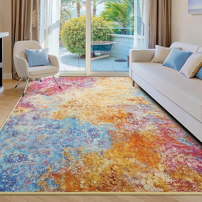 Kelarea Living Room Rug, 5x7 Modern Abstract Washable Rugs, Colorful Non Slip Low Pile Carpet, Stain Resistant Rugs for Bedroom, Dining Room, Nursery, Home Office