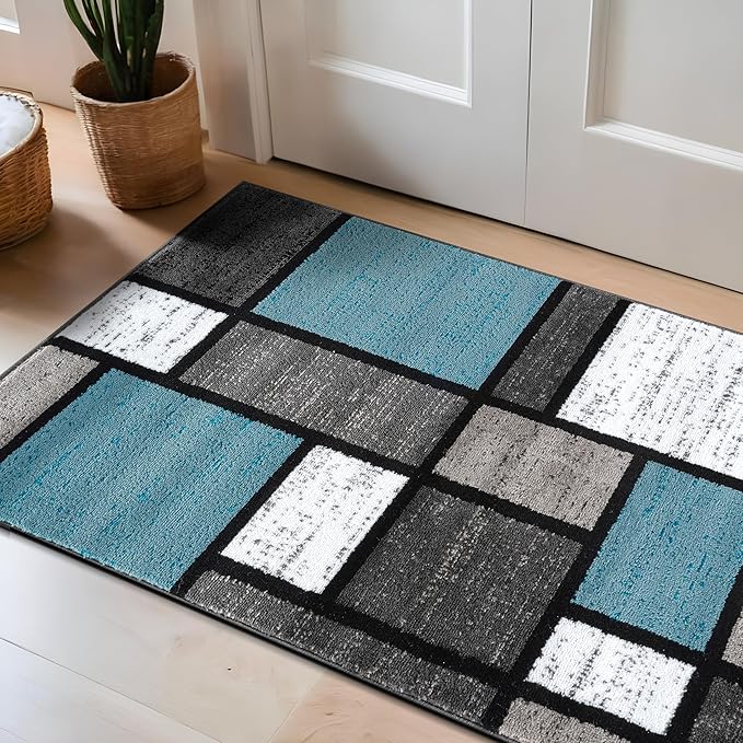 Rugshop Contemporary Modern Boxes for Home Office,Living Room,Bedroom,Kitchen Non Shedding Area Rug 2'7" x 4' Blue