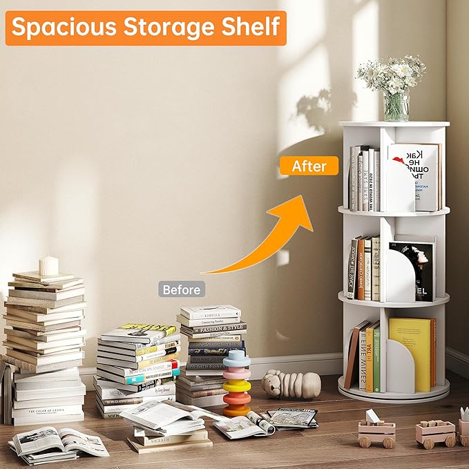 Rotating 3-Tier Bookshelf, 360° Spinning Corner Bookcase with Lazy Susan, White Space Saving Organizer for Study Room, Home Office, Kids Rooms, Bedroom, Adults & Kids