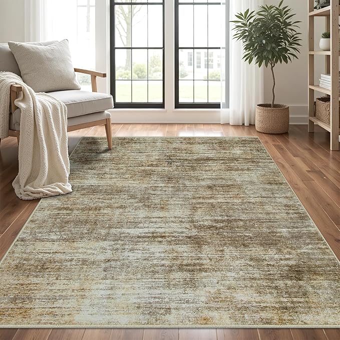 Area Rug 5x7 Living Room Rugs: Abstract Large Washable Rugs with Non-Slip Backing, Thin Carpet for Dining Room Table Bedroom Nursery Indoor Home Office-Brown