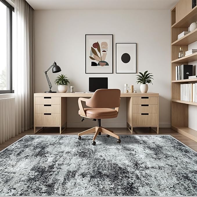 Washable Rug 6x9 Area Rugs: Abstract Washable Rugs with Non-Slip Backing, Stain Resistant Indoor Floor Carpet for Bedroom Dining Room Table Nursery Hallway Home Office Dark Black/Gray