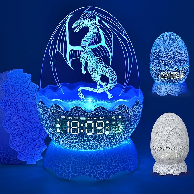 Unique Dragon Egg Digital Clock Ok to Wake Up Alarm Clock with Night Light / Lullaby White Noise / Bluetooth Speaker, Remote Control 16 Colors & Brightness & Volume, Cool Dragon Gift for Kids/Adult