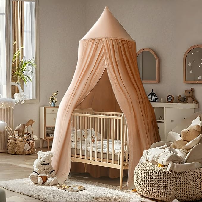 Cotton Kids Bed Canopy, Nursery Room Baby Crib Hanging Curtain Mosquito Net Hideaway Bedding Children Reading Nook Decoration, Pastel Neutral Color for Boys & Girls (Pink)