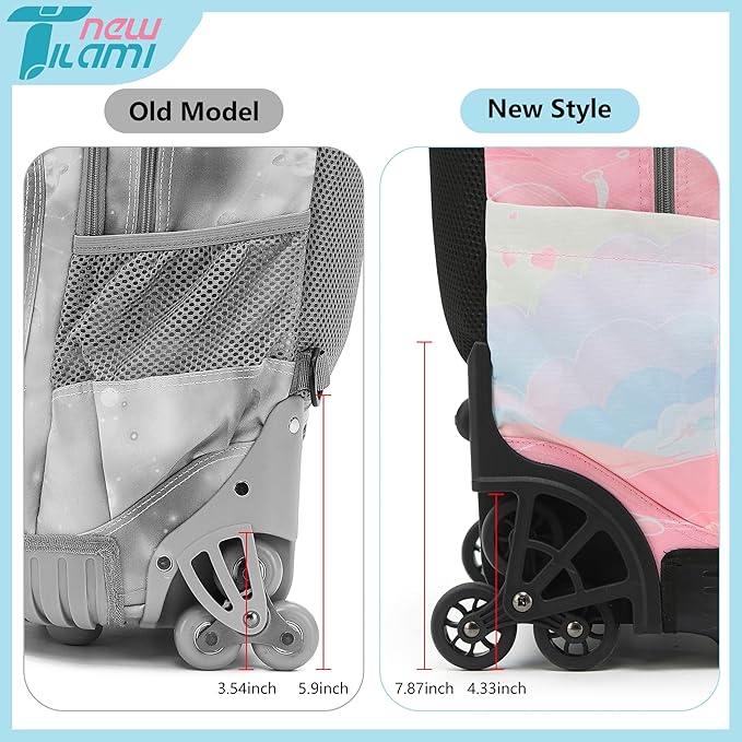 NEW TILAMI 18 inch Rolling Backpack for Girls – Waterproof, Large Capacity, Stair-Climbing Design, Adjustable Handle, Great for School, Pink Sunset