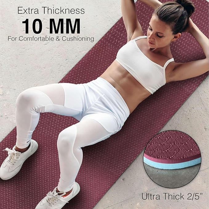 Extra Thick Exercise Yoga Mat with Strap - 2/5 Inch (10MM), Non-Slip Workout Mat for Yoga, Pilates, and Floor Exercises