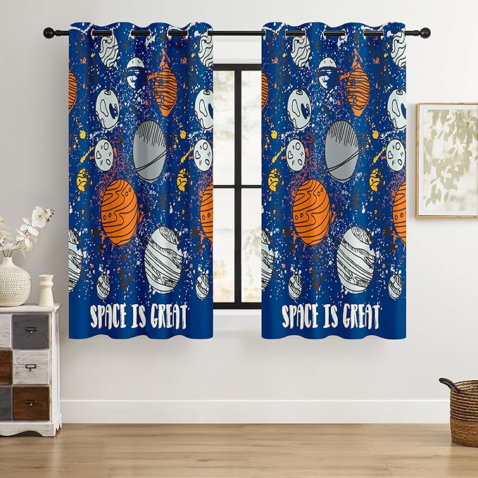 Kids Space Planet Blackout Curtains - 100% Blackout, Thermal Insulated, Noise Reducing, Perfect for Kids Room and Nursery, 2 Panels (Space-is-Great, W52×L63)