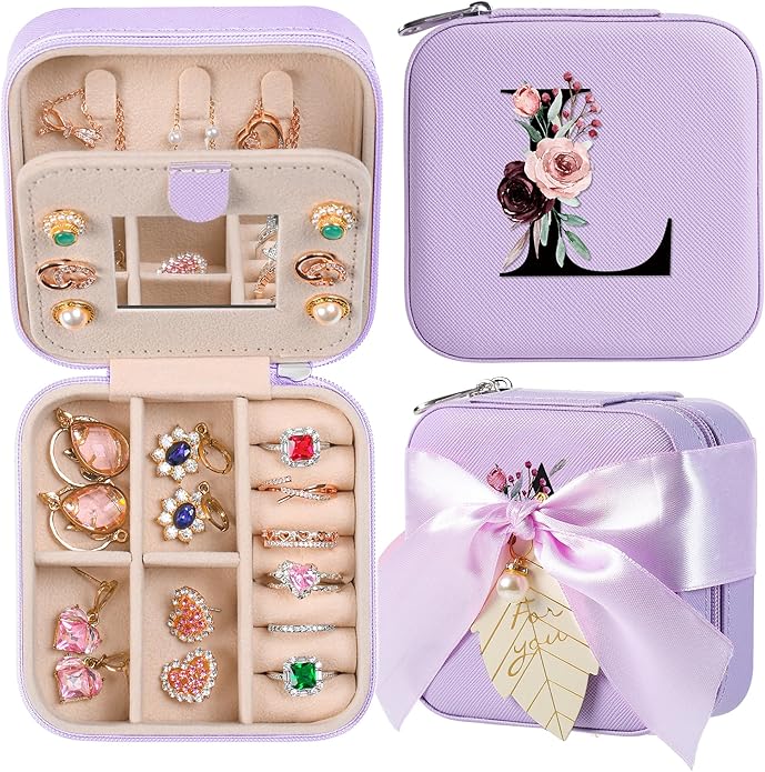 AYGXU Travel Jewelry Box for Women and Girls - Small Case With Initial A-Z - Teacher Gifts