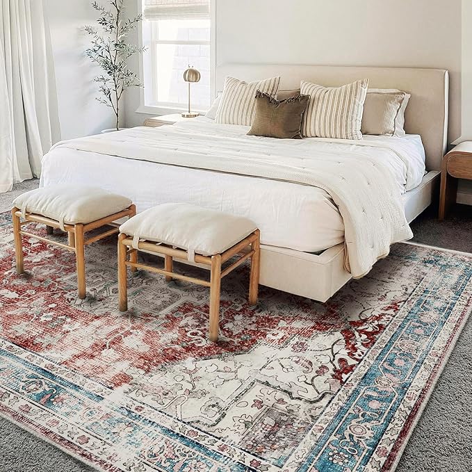 Washable Area Rug 8'x10' Red Blue Retro Boho Design Non-Shedding Non-Slip Easy Care Ideal for High Traffic Areas in Living Room Bedroom Office Coffee Table Kitchen Large Carpet