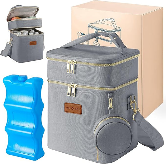 Breastmilk Cooler Bag with Ice Pack & Pacifier Case, Large Double Layer Insulated Baby Bottle Cooler Fits 6 Bottles, Breast Pump Storage Bag for Working Nursing Moms, with Gift Box