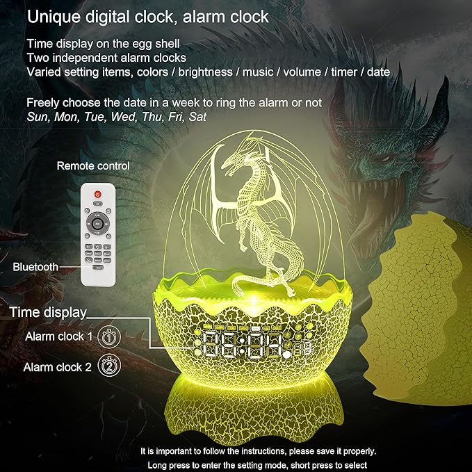 Unique Dragon Egg Digital Clock Ok to Wake Up Alarm Clock with Night Light / Lullaby White Noise / Bluetooth Speaker, Remote Control 16 Colors & Brightness & Volume, Cool Dragon Gift for Kids/Adult