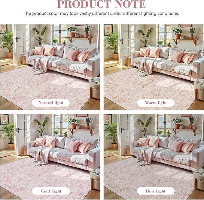 Pink Area Rugs 5x7 Rugs for Living Room, Machine Washable Rugs for Bedroom, Distressed Vintage Living Room Rug, Rug Non Slip Carpet Cream Green Area Rug for Dining Room Office