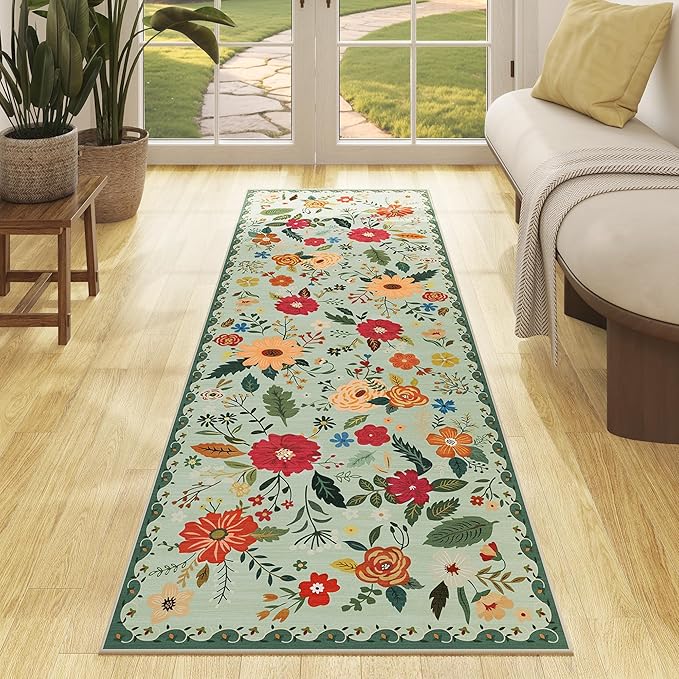 Rug Runners 2x6, Floral Green Washable Kitchen Rugs for Hallways Area Rugs, Non Slip Long Rug Low Pile Doormat Flower Carpet for Kitchen, Entryway Indoor, Bedroom, Bathroom, Laundry, Sage Green