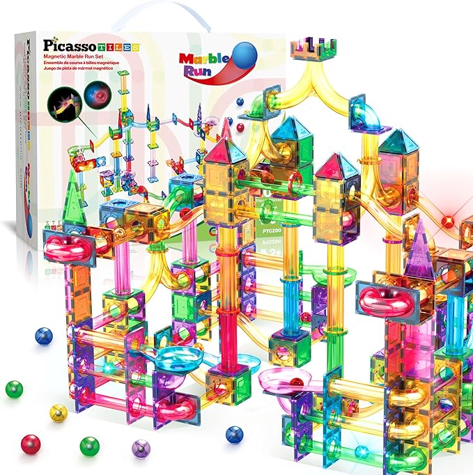 PicassoTiles 200pc Magnetic Marble Run Tiles Toy STEM Educational Race Track with Light Up Marbles Magnet Tile Building Blocks Maze Kit Sensory Pretend Play Toys for Toddlers Boys Girls Ages 3+ PTG200