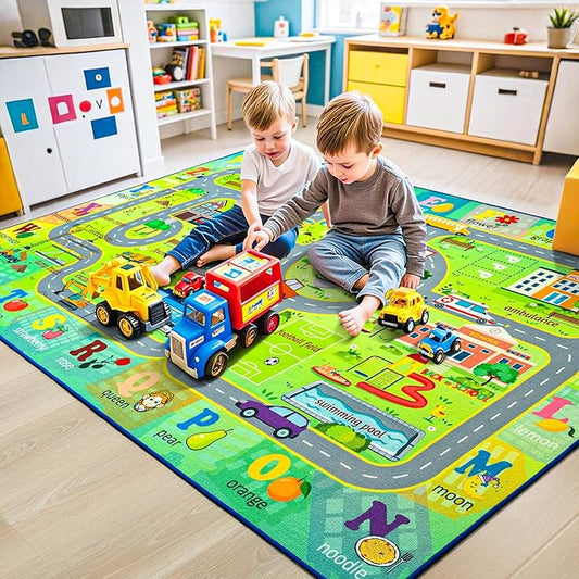 Chicrug 6x9 Car Road Area Rug for Kids Playroom Bedroom, Non Slip Low Pile Washable ABC Alphabet Carpet for Classroom, City Track Play Mat for Toddler Children Nursery Baby Room Decor, Green