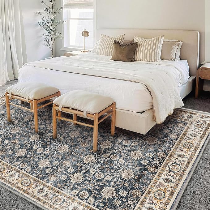 Washable Area Rug 9'x12' Retro Boho Design Non-Shedding Easy Care Ideal for High Traffic Areas in Living Room Bedroom Office Coffee Table Kitchen Large Carpet