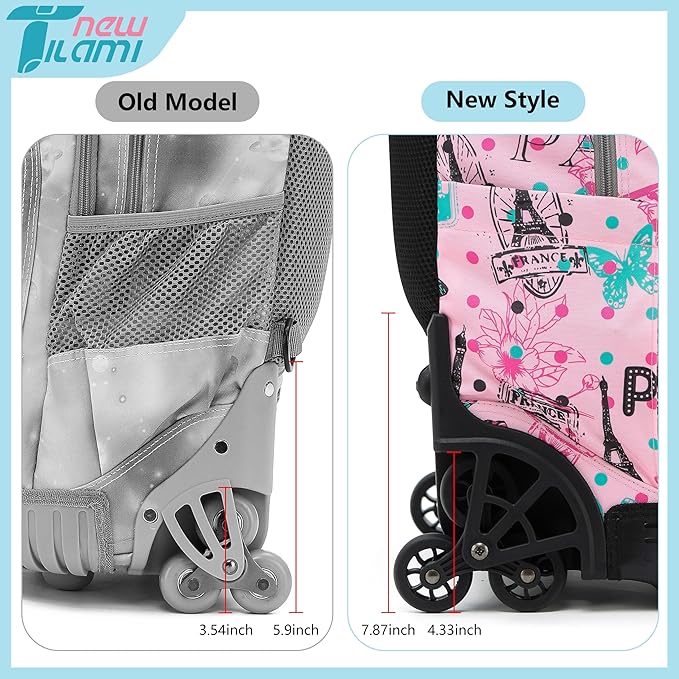 NEW TILAMI 18 inch Rolling Backpack for Kids, Waterproof, Adjustable Handle, Stair Climbing, Large Storage for School, Travel, Girls & Boys, Pink Paris