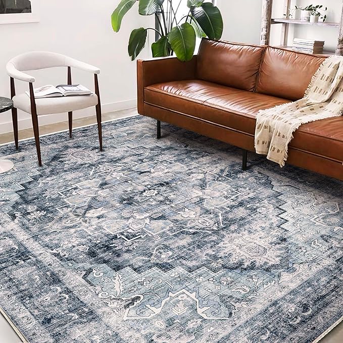 Washable Area Rug 9'x12' Dark Blue Retro Flowers Boho Design Non-Shedding Easy Care Ideal for High Traffic Areas in Living Room Bedroom Office Coffee Table Kitchen Large Carpet