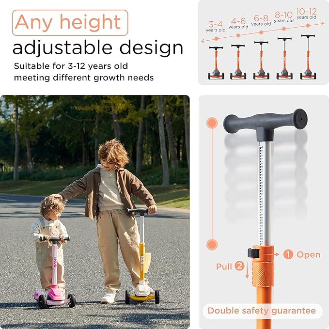 KUB Toddler Scooter for Kids Ages 2+, 3 Wheel Kick Scooter with LED Light-Up Wheels, Adjustable Height Handlebar, Lean-to-Steer, Anti-Slip Deck, Easy-Fold Design, Gift for Boys and Girls
