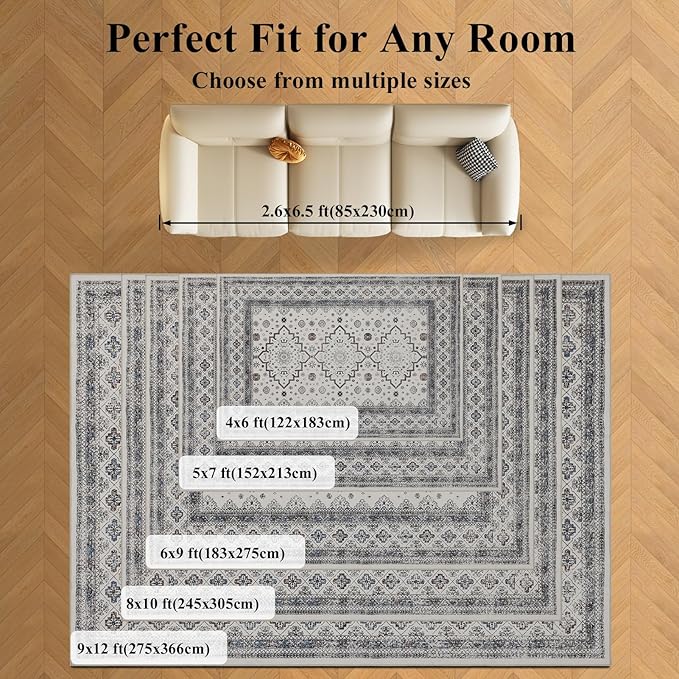 Washable Area Rugs 8x10, Large Rugs for Living Room, Carpet for Bedroom, Soft Faux Wool Retro Dining Room Rug, Non-Slip Backing Resistant Low Pile Vintage Print Rug for Home Office (White Cream/Gray)