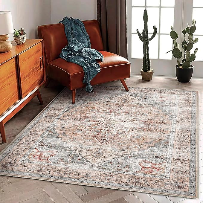 3'x5' Light Cyan and Light red Vintage Washable Thin Area Rug Traditional Floor Cover Foldable Indoor Distressed Non Slip Carpet Floral Print Mat Bedroom Living Room Bathroom