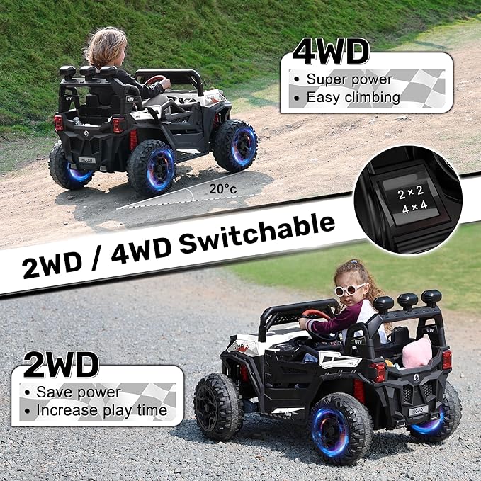 ANPABO 24V 4X4 Ride on Car Truck w/Remote Control, 4WD/2WD Switchable Kids UTV, 19" Spacious Seat, 4 Shock Absorbers, Soft Start, Music Player, Electric Car for Kids Ages 3+(White)