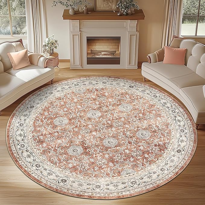 jinchan Round Rug 8ft Washable Circle Soft Rug - Low Pile Vintage 8'Round Indoor Orange Floral Print Stain Resistant Boho Carpet Ultra-Thin Non-Slip for Living Room Bedroom Dining Room Kitchen