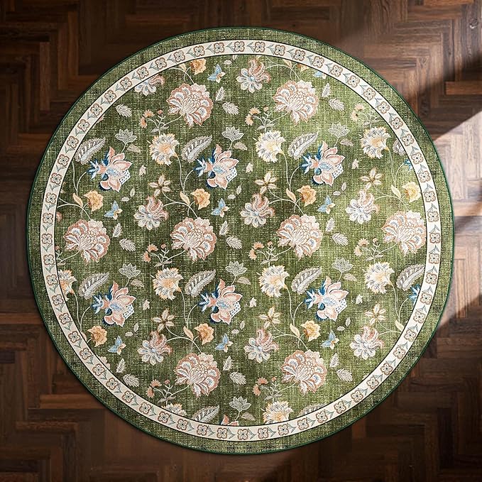 jinchan 8ft Floral Round Rug for Dining Room Washable Living Room Rug Vintage Romance Design Non Slip Indoor Floor Cover Lightweight Low-Profile Throw Carpet for Bedroom Porch Patio, Green