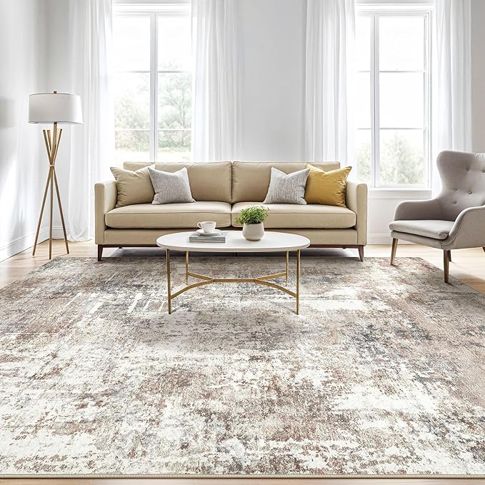 Area Rugs 9x12 Living Room: Washable Large Abstract Modern Soft Rugs Stain Resistant Indoor Floor Non Slip Accent Carpet for Bedroom Nursery Playroom Office Dining Room Dorm Home Decor- Brown