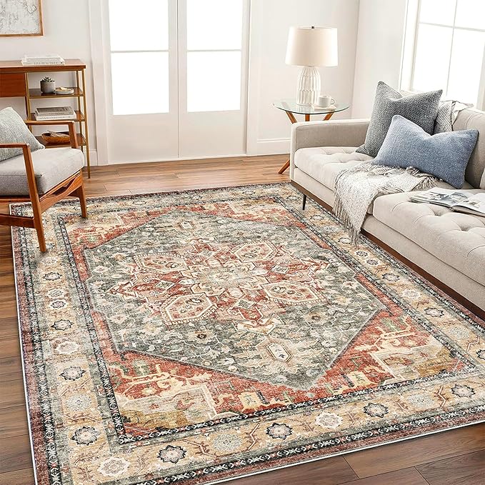 Area Rug 5'x7' Red Khaki Washable Vintage Traditional Floor Cover Thin Retro Kitchen Indoor Distressed Non Slip Carpet Floral Print Area in Living Room Bedroom Dining Room