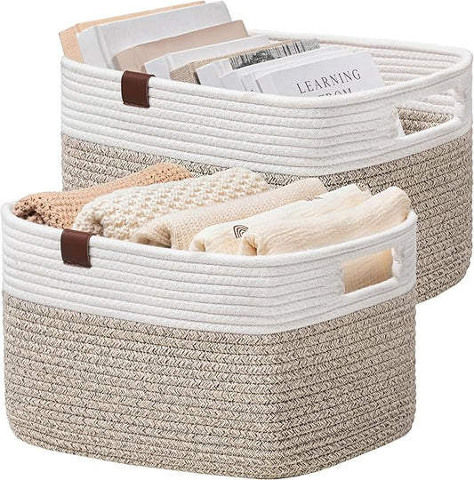 UBBCARE 2 Pack Baskets for Organizing, Woven Storage Baskets with Label for Toys and Towel, Rectangle Cotton Rope Basket with Handles, 15''L x10''W x9''H, White&Brown