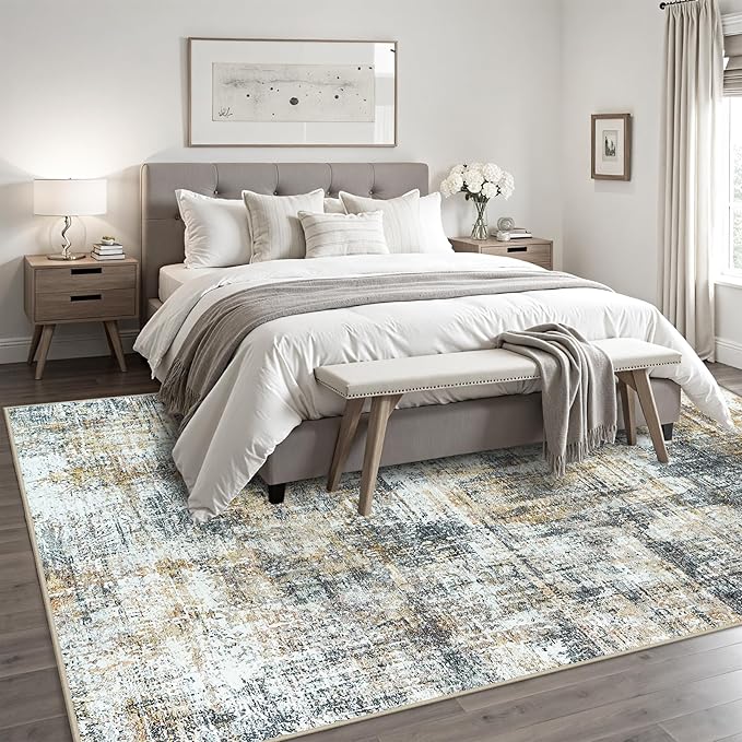 Area Rugs 8x10 Living Room Rugs: Modern Abstract Washable Rug with Non-Slip Backing, Stain Resistant Indoor Floor Large Carpet for Bedroom Dining Room Table Nursery Hallway Home Office Brown/Gray