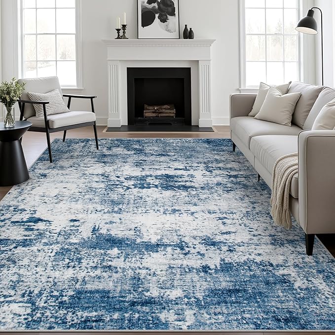 9x12 Area Rug Living Room Rug: Washable Modern Abstract Soft Thin Rug Indoor Floor No Slip Stain Resistant Carpet for Bedroom Dining Room Farmhouse Nursery Home Office - Blue