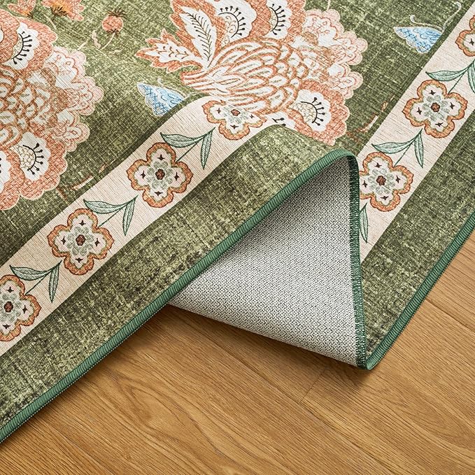 jinchan 3x5 Floral Rug for Entryway Washable Kitchen Rug Vintage Romance Design Small Mat Non Slip Indoor Doormat Lightweight Low-Profile Throw Carpet for Entrance Bathroom Laundry Room, Green
