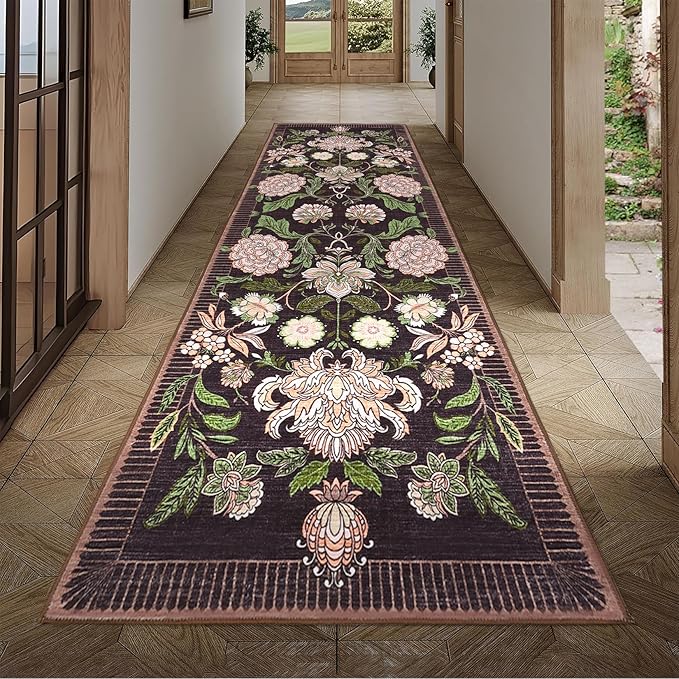 GarveeHome Plum Pink Floral Botanical 2x6 Washable Kitchen Runner Rugs Non Slip Black Purple Vintage Boho Cottage Long Rug for Hallways Bedroom Entryway Bathroom Mat with Rubber Back