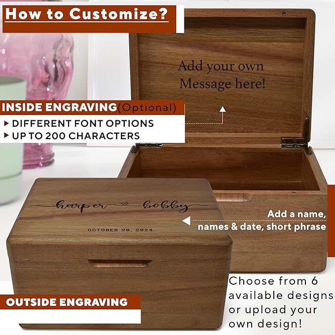 Keepsake Box for Wedding Anniversary - Customized Keepsake Box Engraved Connected Hearts with Names, 5 Years Anniversary, Acacia Wood Decorative Custom Memory Boxes, Surprise Love Message, 8x6x4 in