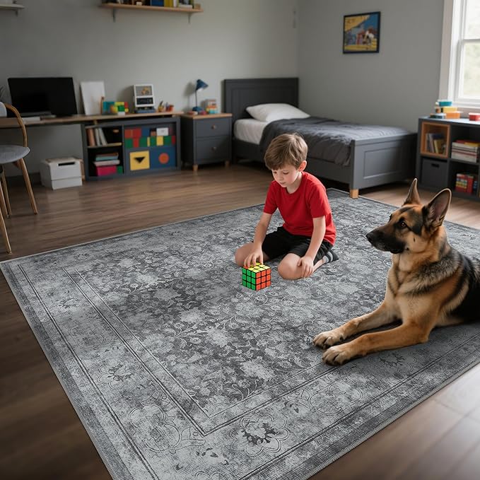 Large 8x10 Washable Area Rug for Living Room, Non Slip Vintage Traditional Rugs for Bedroom, Indoor Thin Accent Floral Nursery Carpet for Dining Room, Farmhouse (Distressed Grey)