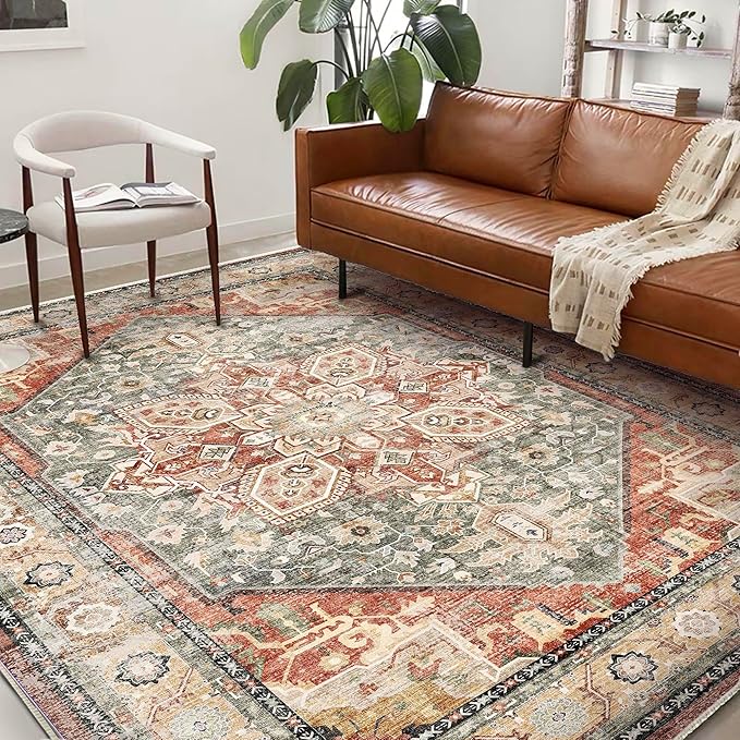 Washable Area Rug 10'x14' Red Khaki Retro Flowers Boho Design Non-Shedding Easy Care Ideal for High Traffic Areas in Living Room Bedroom Office Coffee Table Kitchen Large Carpet