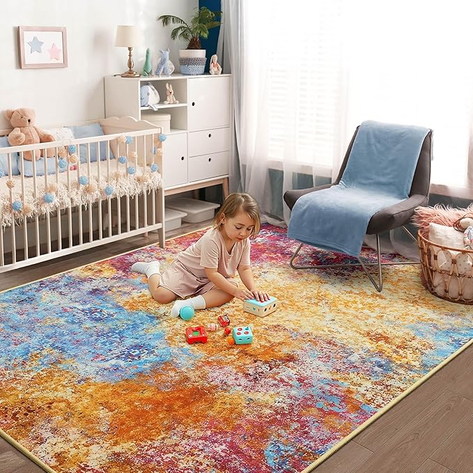 Kelarea Living Room Rug, 5x7 Modern Abstract Washable Rugs, Colorful Non Slip Low Pile Carpet, Stain Resistant Rugs for Bedroom, Dining Room, Nursery, Home Office