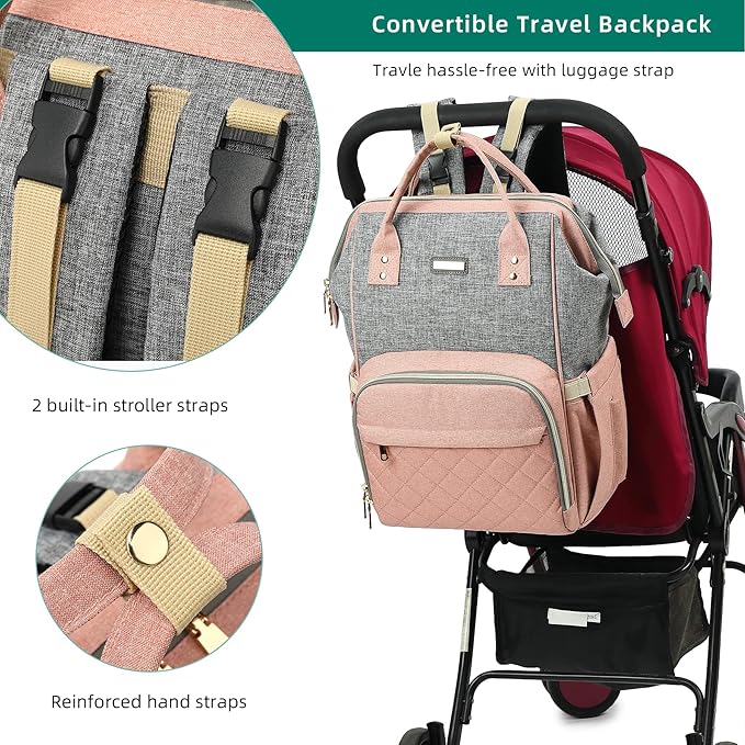 Diaper Bag Backpack, Diaper Bags for Baby Girls Boys, Baby Bags for Moms Dads, Nappy Changing Bag with Insulated Pockets,Multi-functional Waterproof Backpack with Stroller straps-Pink