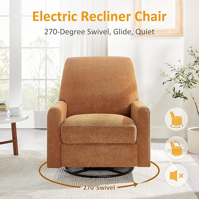 Power Swivel Glider Recliner Chair, Electric Nursery Rocker Recliner Chair, USB & Type-C Charger, Boucle Curry