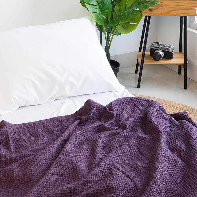 Salt Earth GOTS Certified 100% Organic Cotton Throw Blanket, 108"X90" Blankets & Throws for Bed, Throw Blanket for Couch,Modern & Cozy Blanket, All Season Waffle Blanket, Soft Blanket (Plum Perfect)