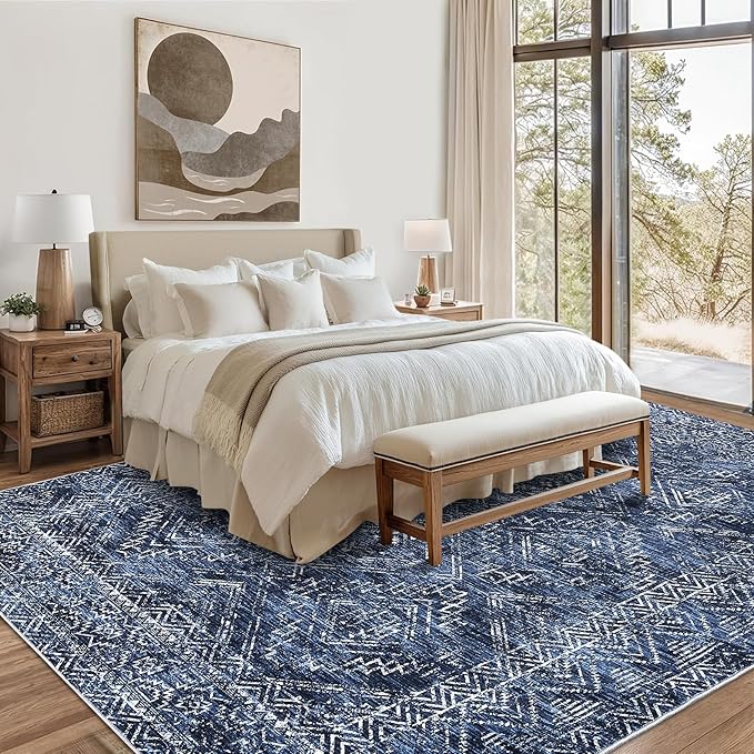 COZYLOOM Living Room Rug 9x12 Machine Washable Area Rugs Modern Abstract Floor Cover Non Slip Low Pile Geometric Mats Stain Resistant Foldable Carpet for Dining Room Bedroom, Blue