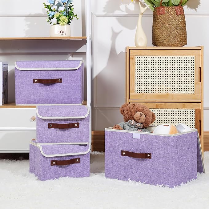 ANMINY Storage Bin with Lid Storage Boxes with PU Leather Handles PP Plastic Board Decorative Foldable Lidded Cotton Linen Fabric Home Cubes Baskets Closet Organizer Container - Purple, Small Size