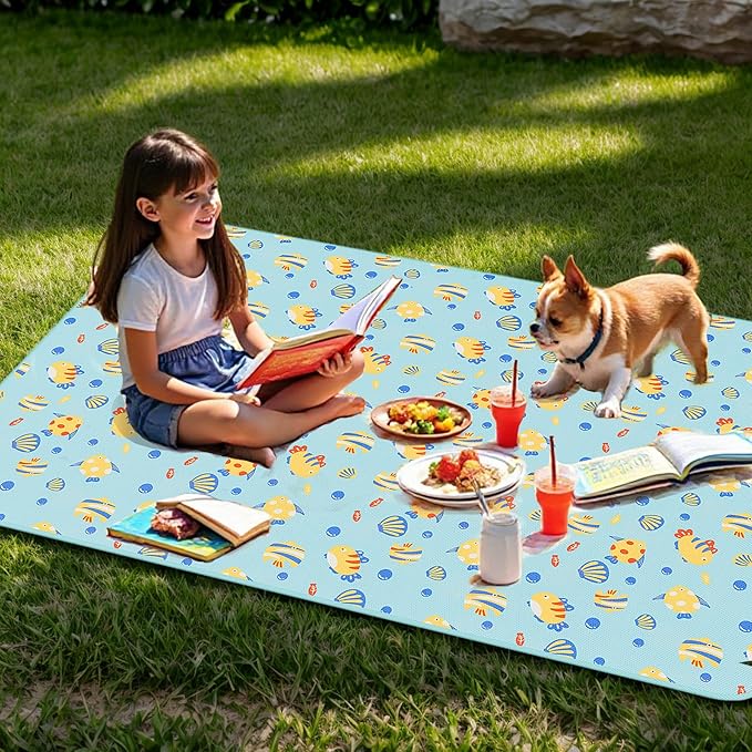 UDEAR Foldable Picnic Blanket,80"x60" Waterproof, Sandproof, Portable with Tote Bag for Beach, Park, Camping, and Travel,Blue